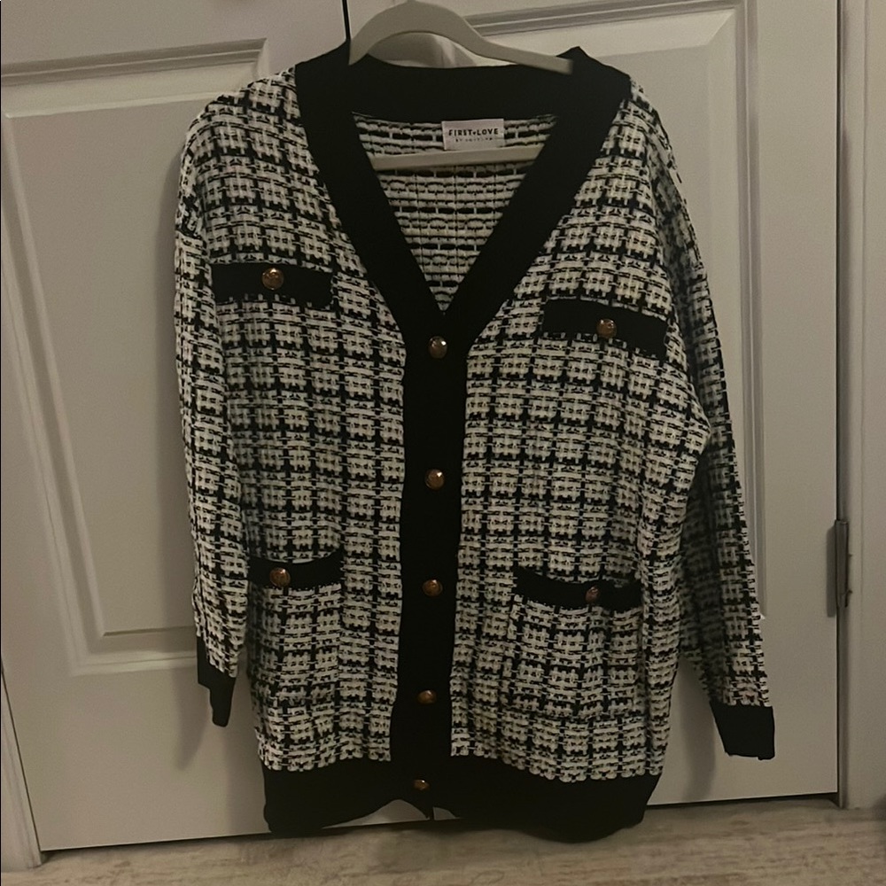First Love black and white buttoned cardigan.